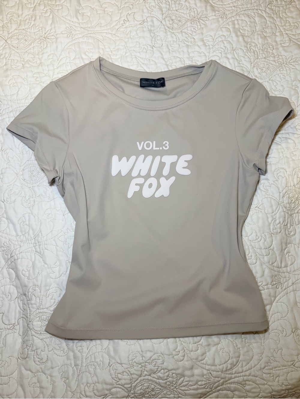 White Fox Boutique Short Sleeve Tee in Light Taupe with White Logo